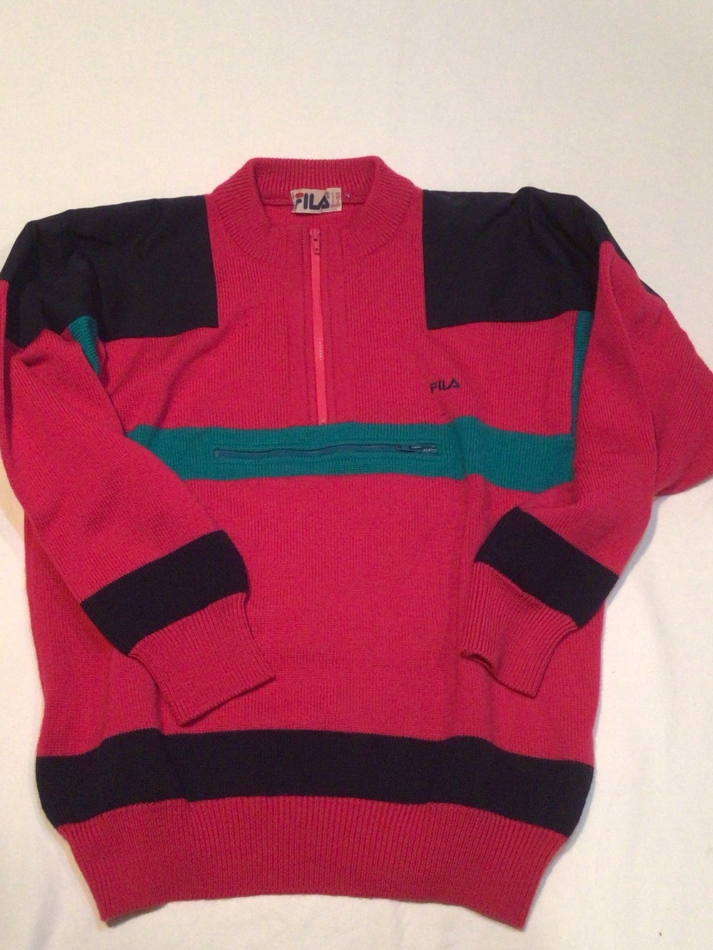 FILA Men’s Hot Pink Half-Zip Sweater with Teal Stripe and Black Panels
